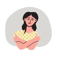 Sad, unhappy depressed woman feeling tired and worried. Mental disorder, finding answers, confusion. vector