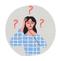 Forgetful woman holding hand to her head. Girl with some questions or memory problems. Flat vector iluustration.