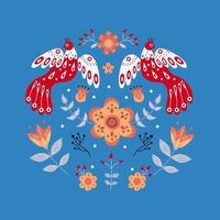 Vector ornament with various birds, flowers and leaves with different folk compositions. Motif in scandinavan style.