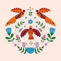 Vector ornament with various birds, flowers and leaves with different folk compositions. Motif in scandinavan style.