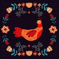 Vector frame with bird, flowers and leaves with different folk compositions. Motif in scandinavan style