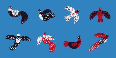 Vector collection of various birds with different folk ornaments. Set in scandinavan style