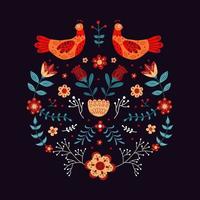 Vector ornament with various birds, flowers and leaves with different folk compositions. Motif in scandinavan style.