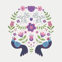 Vector ornament with various birds, flowers and leaves with different folk compositions. Motif in scandinavan style.