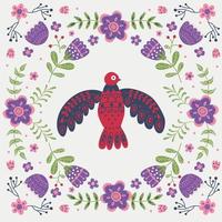 Vector frame with bird, flowers and leaves with different folk compositions. Motif in scandinavan style