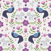 Vector seamless pattern with various birds, flowers and leaves with different folk ornaments.