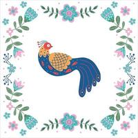 Vector frame with bird, flowers and leaves with different folk compositions. Motif in scandinavan style