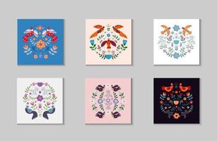 Vector ornaments set with various birds, flowers and leaves with different folk compositions. Motif in scandinavan style.