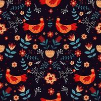 Vector seamless pattern with various birds, flowers and leaves with different folk ornaments.