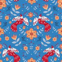 Vector seamless pattern with various birds, flowers and leaves with different folk ornaments.