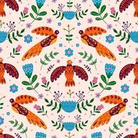 Vector seamless pattern with various birds, flowers and leaves with different folk ornaments.