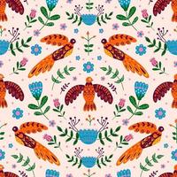 Vector seamless pattern with various birds, flowers and leaves with different folk ornaments.