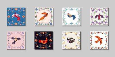 Vector frame with various birds, flowers and leaves with different folk compositions. Motif in scandinavan style.