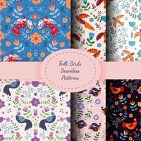 Vector seamless pattern with various birds, flowers and leaves with different folk ornaments.