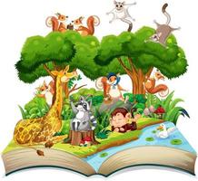 tema de bosque de libro abierto con animal sobre fondo blanco vector