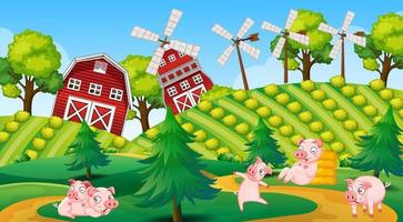 Farm scene with cute pigs vector