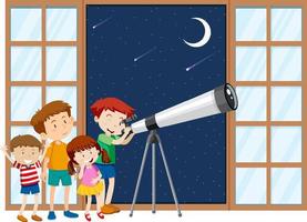 los niños observan el cielo nocturno con telescopio vector