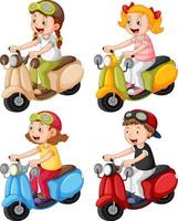 conjunto de diferentes niños montando motocicleta vector