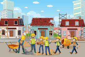 sitio de construcción de edificios con trabajadores vector