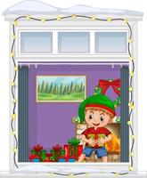ver a través de la ventana del personaje de dibujos animados en el tema navideño vector