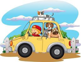 concepto de viaje por carretera con animales domésticos en un coche vector