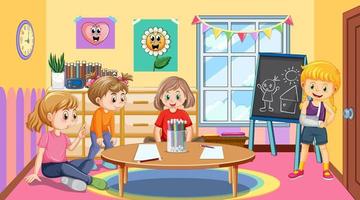 Kindergarten classroom scene with children vector