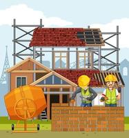 House construction site with workers