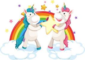 dos lindos unicornios parados en las nubes con arco iris vector