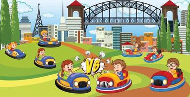 Many kids on go-kart in the park vector