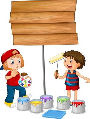 Two kids painting wooden sign