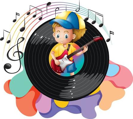 A boy playing guitar and music melody symbols