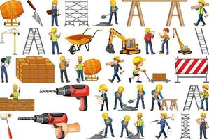 Set of construction site objects and workers vector