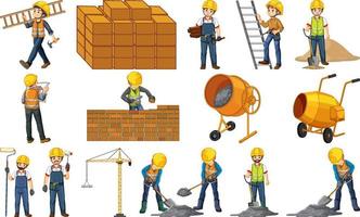 Set of construction site objects and workers vector