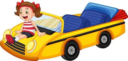 una chica con un coche descapotable vintage amarillo vector