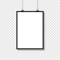 Realistic blank white paper hanging on clip. Mockup template. Vertical empty sheet with shadow. Vector illustration