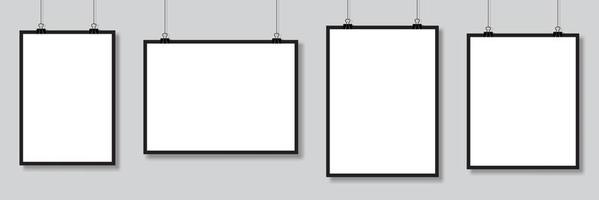 Set of mockups hanging on the wall. Vector poster mockup with white frame. Realistic empty banner. Vector illustration