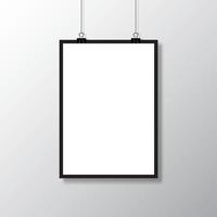 Realistic blank white paper hanging on clip. Mockup template. Vertical empty sheet with shadow. Vector illustration