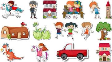 Sticker set of fantasy fairy tale cartoon characters vector