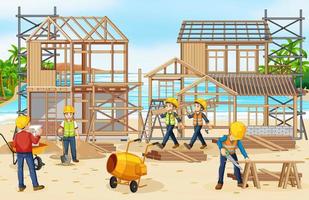 sitio de construcción de edificios con trabajadores vector