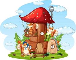 Scene with squirrels in the mushroom house vector