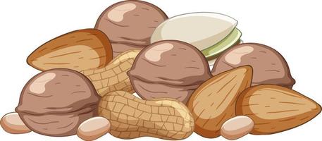Many walnuts almonds peanuts pistachios cartoon style vector