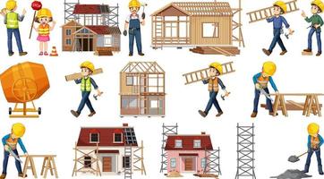 Set of construction site objects and workers vector