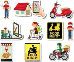 Sticker set of delivery objects and cartoon characters vector