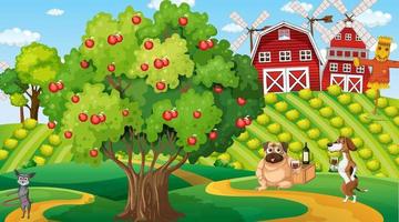 escena de la granja al aire libre con perros de dibujos animados vector