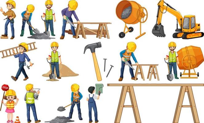 Construction worker set with many tools