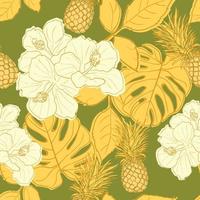 Tropical hibiscus, palm leaves, monstera, pineapple seamless pattern background. Exotic jungle wrapping paper. Beautiful print with hand drawn exotic plants. Summer design for fashion, print