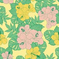 Hibiscus flowers and leaves seamless pattern background. Tropical nature wrapping paper or textile design. Beautiful print with hand-drawn exotic flower. vector