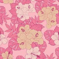 Hibiscus flowers and leaves seamless pattern background. Tropical nature wrapping paper or textile design. Beautiful print with hand-drawn exotic flower. vector