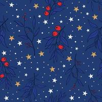 Seamless Christmas pattern with spruce branches. berries and stars. Vector illustration.