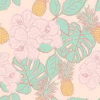 hibisco tropical, hojas de palma, monstera, fondo transparente de piña. papel de regalo de selva exótica. hermoso estampado con plantas exóticas dibujadas a mano. diseño de verano para moda, estampado vector